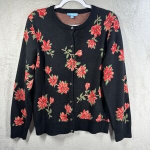 Draper James Poinsettia Red Black Floral Cardigan Sweater Women's L